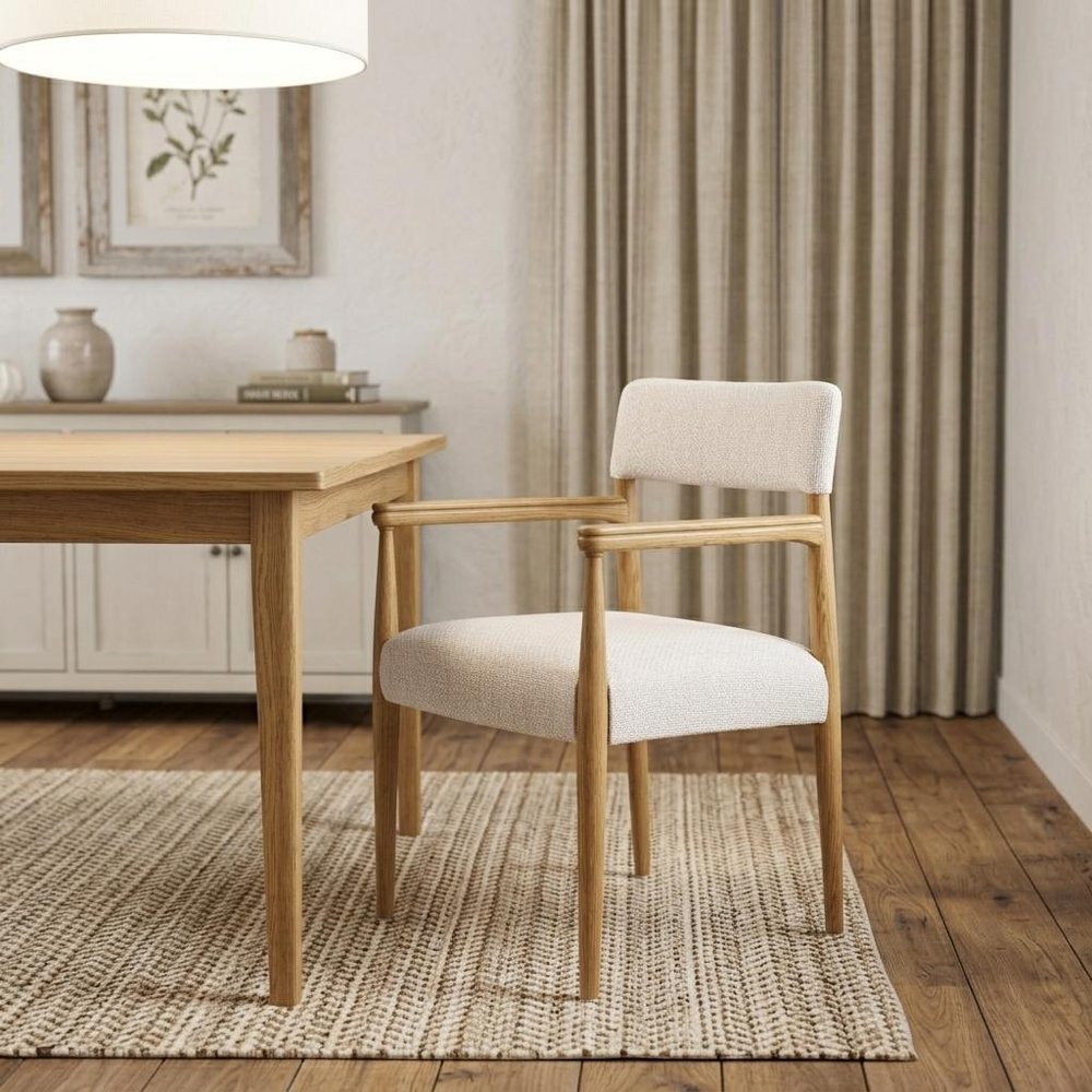 Cream And Brown Fabric And Solid Wood Open Back Dining Arm Chair