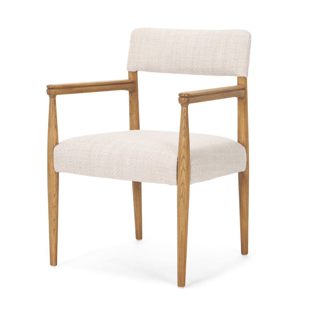 Cream And Brown Fabric And Solid Wood Open Back Dining Arm Chair