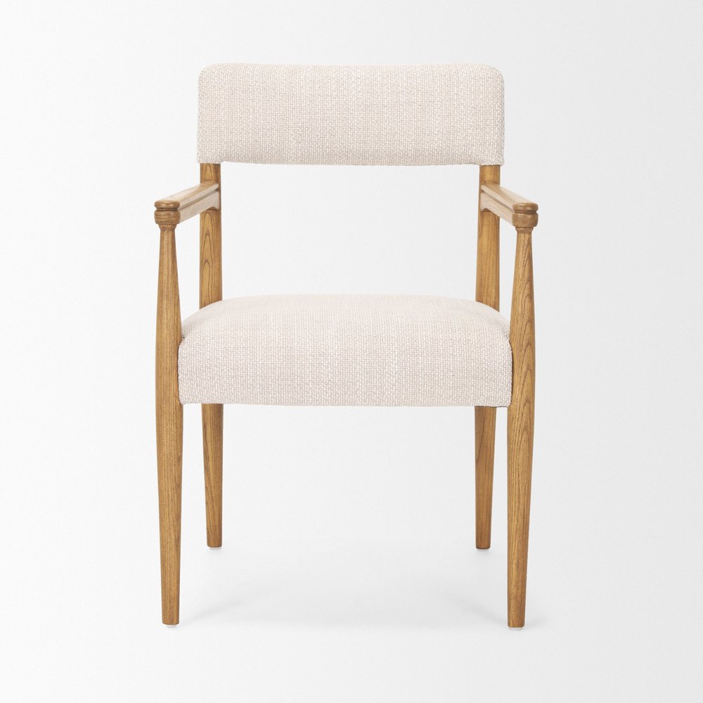 Cream And Brown Fabric And Solid Wood Open Back Dining Arm Chair