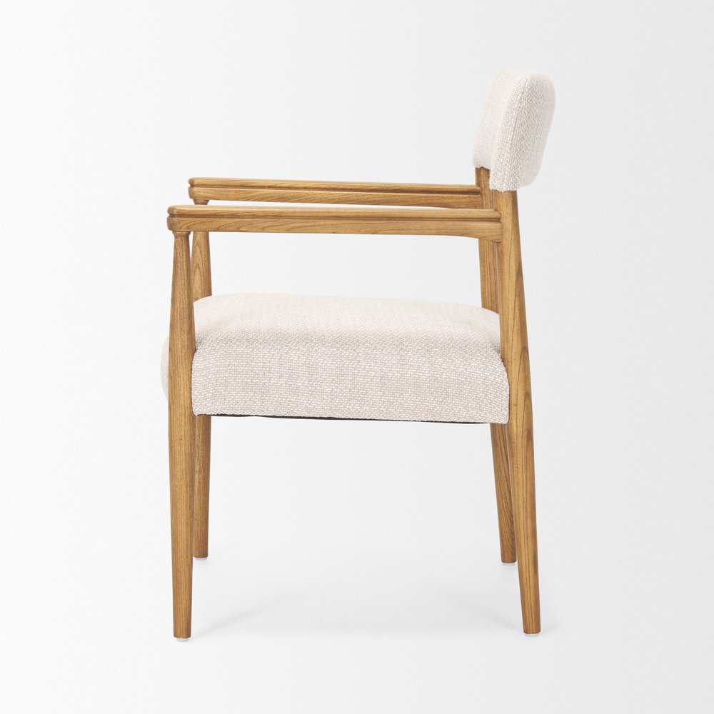 Cream And Brown Fabric And Solid Wood Open Back Dining Arm Chair