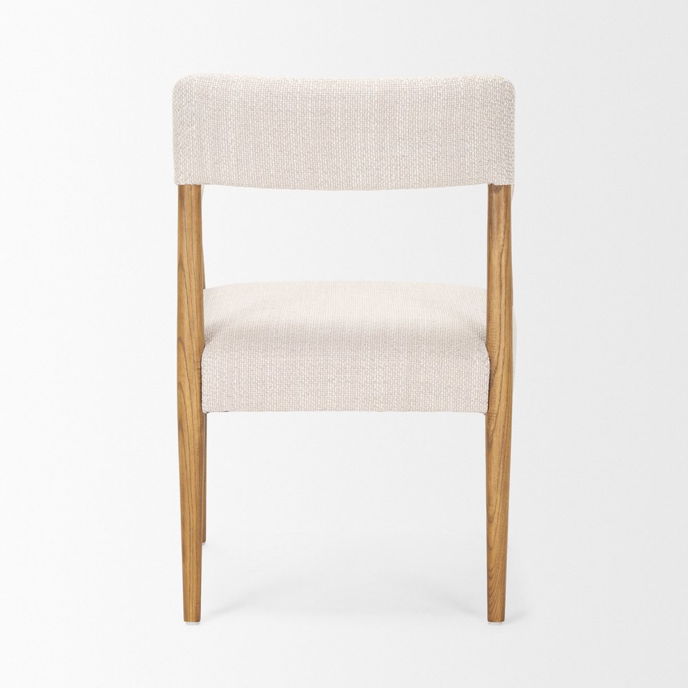 Cream And Brown Fabric And Solid Wood Open Back Dining Arm Chair