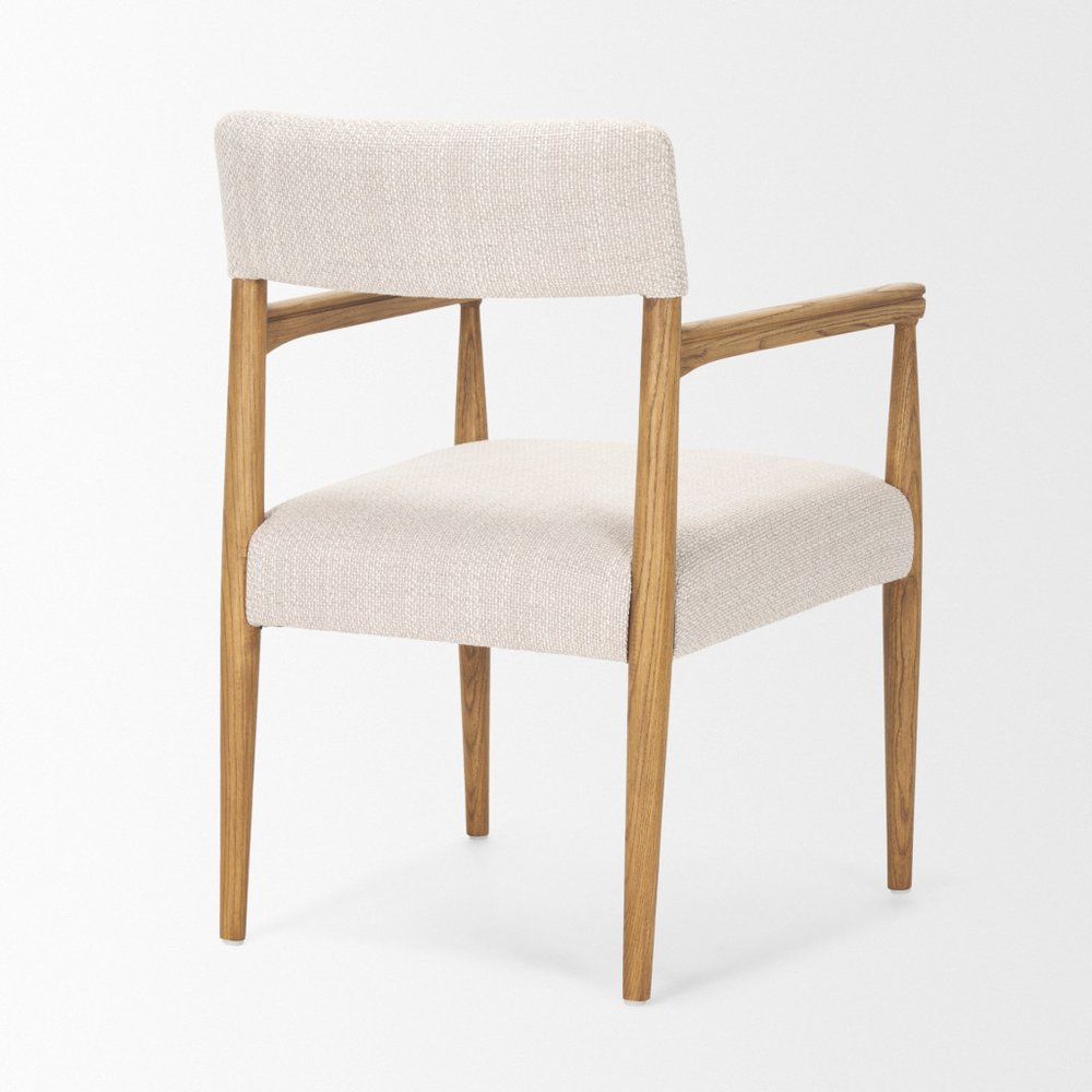 Cream And Brown Fabric And Solid Wood Open Back Dining Arm Chair