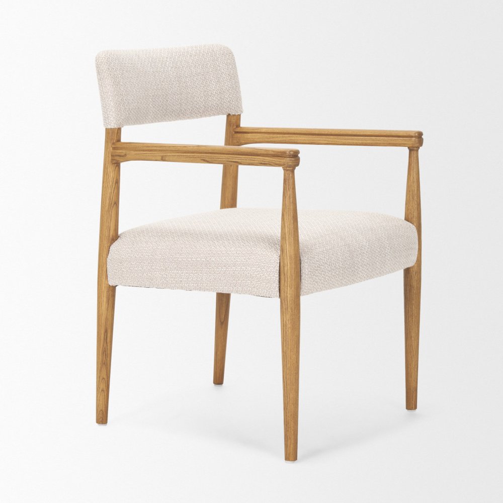 Cream And Brown Fabric And Solid Wood Open Back Dining Arm Chair