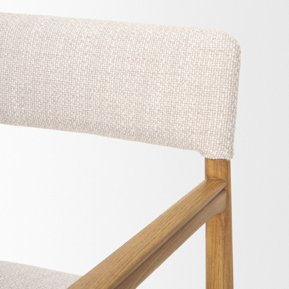Cream And Brown Fabric And Solid Wood Open Back Dining Arm Chair