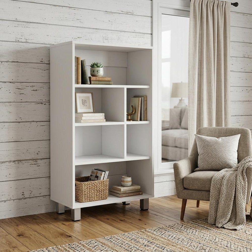41" White Wood Six Tier Bookcase