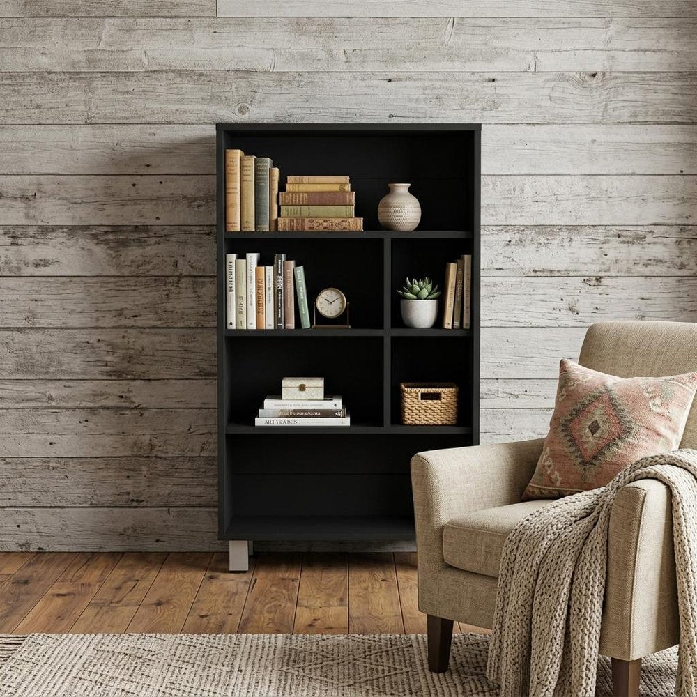 41" Black Wood Six Tier Bookcase