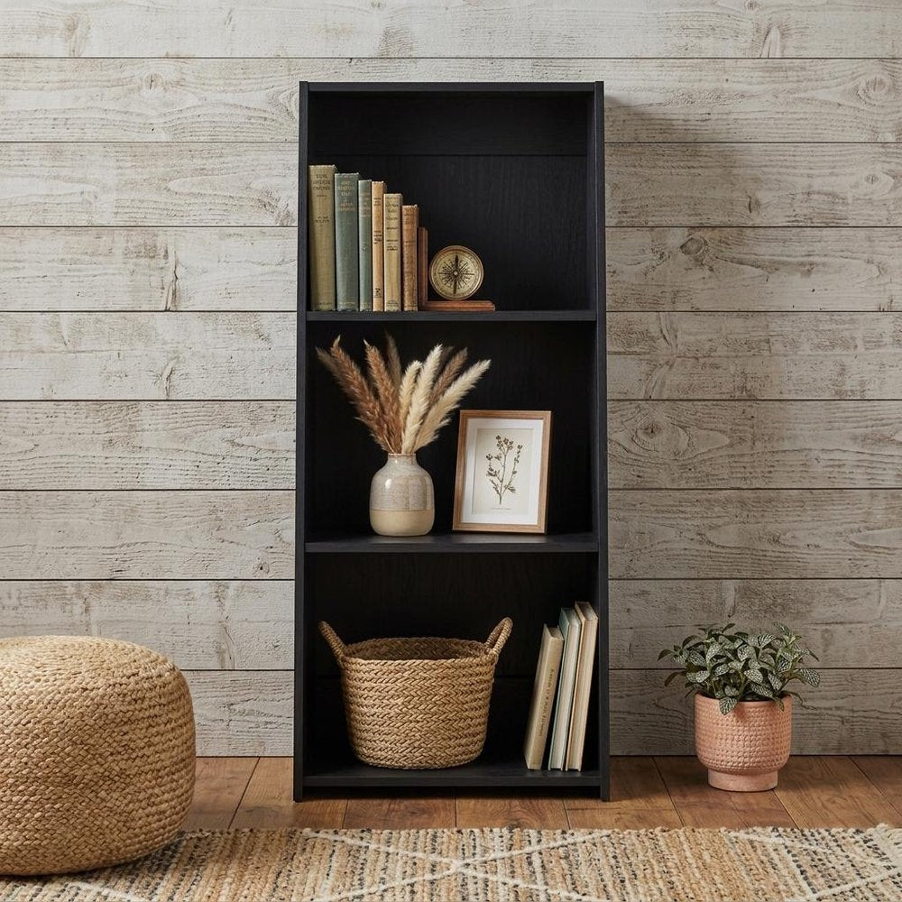 47" Black Wood Three Tier Bookcase