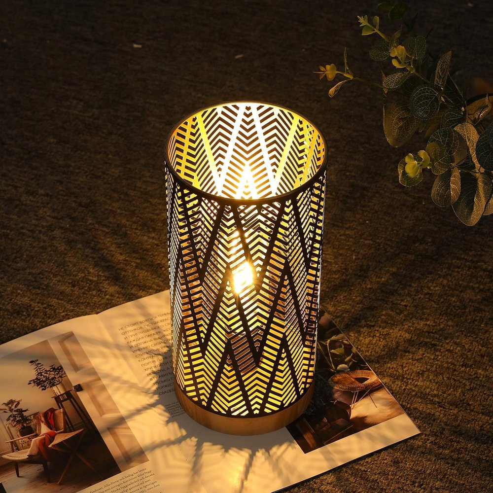 11" Black Metal Pierced Geo Battery Powered Desk Lamp