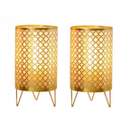 9" Gold Metal Pierced Novelty Battery Powered Desk Lamp With Cylinder Shade