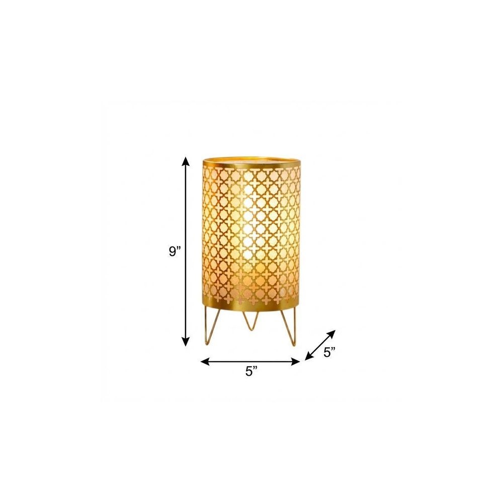 9" Gold Metal Pierced Novelty Battery Powered Desk Lamp With Cylinder Shade