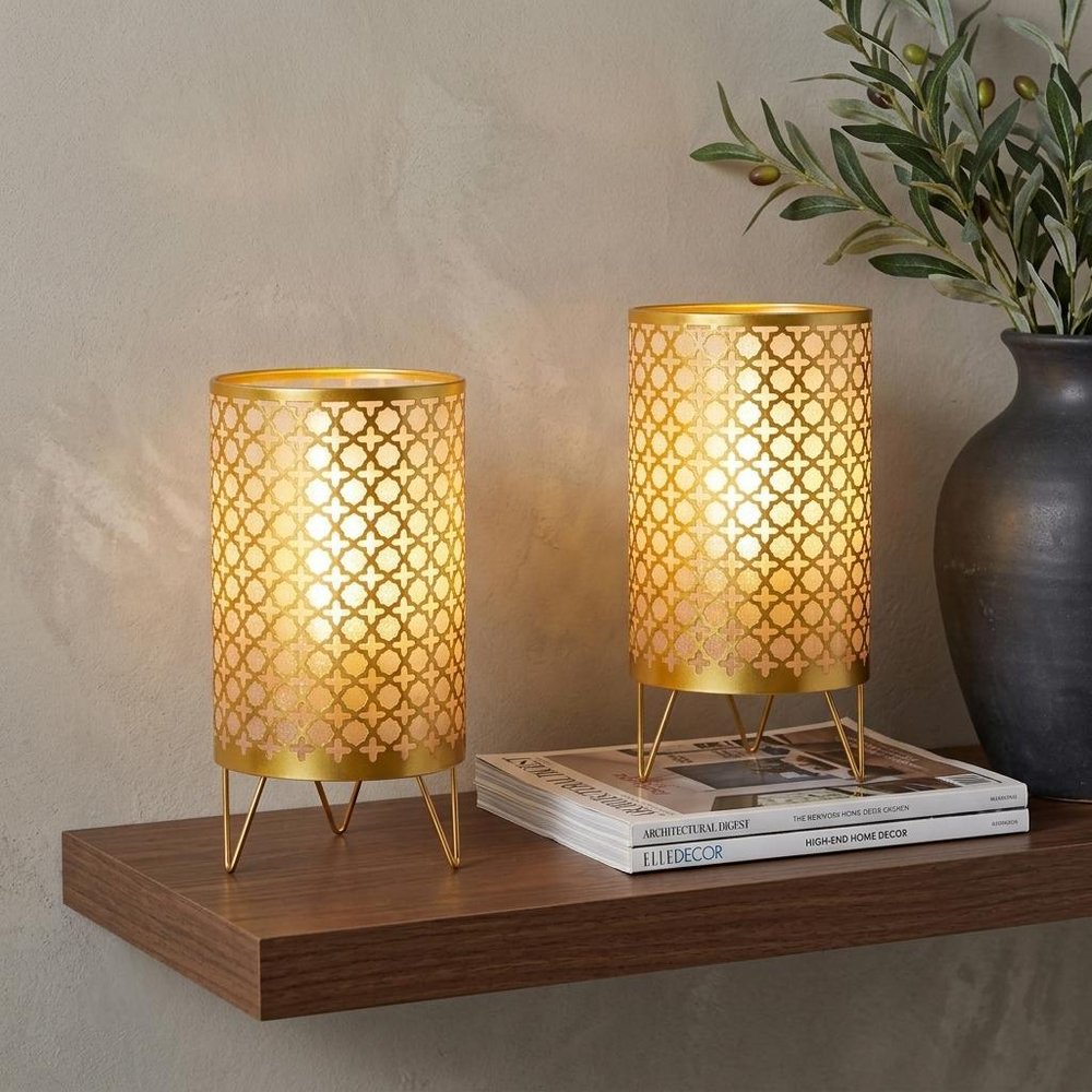 9" Gold Metal Pierced Novelty Battery Powered Desk Lamp With Cylinder Shade