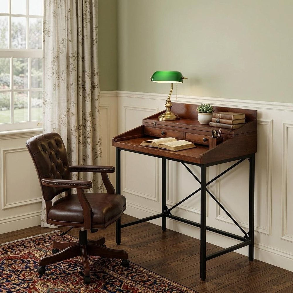 31" Chestnut and Black Solid Wood and Iron Writing Desk With Two Drawers
