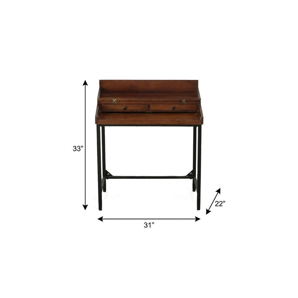 31" Chestnut and Black Solid Wood and Iron Writing Desk With Two Drawers
