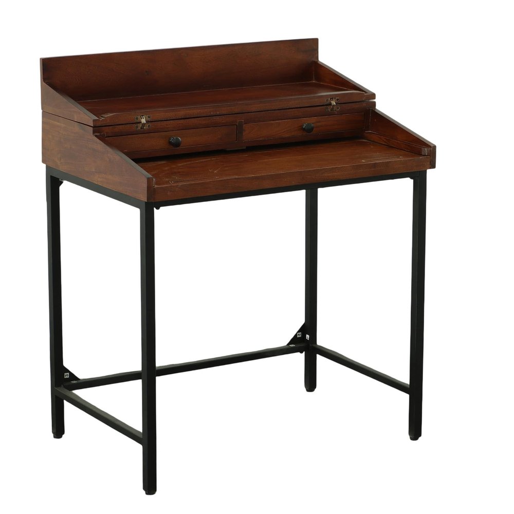 31" Chestnut and Black Solid Wood and Iron Writing Desk With Two Drawers