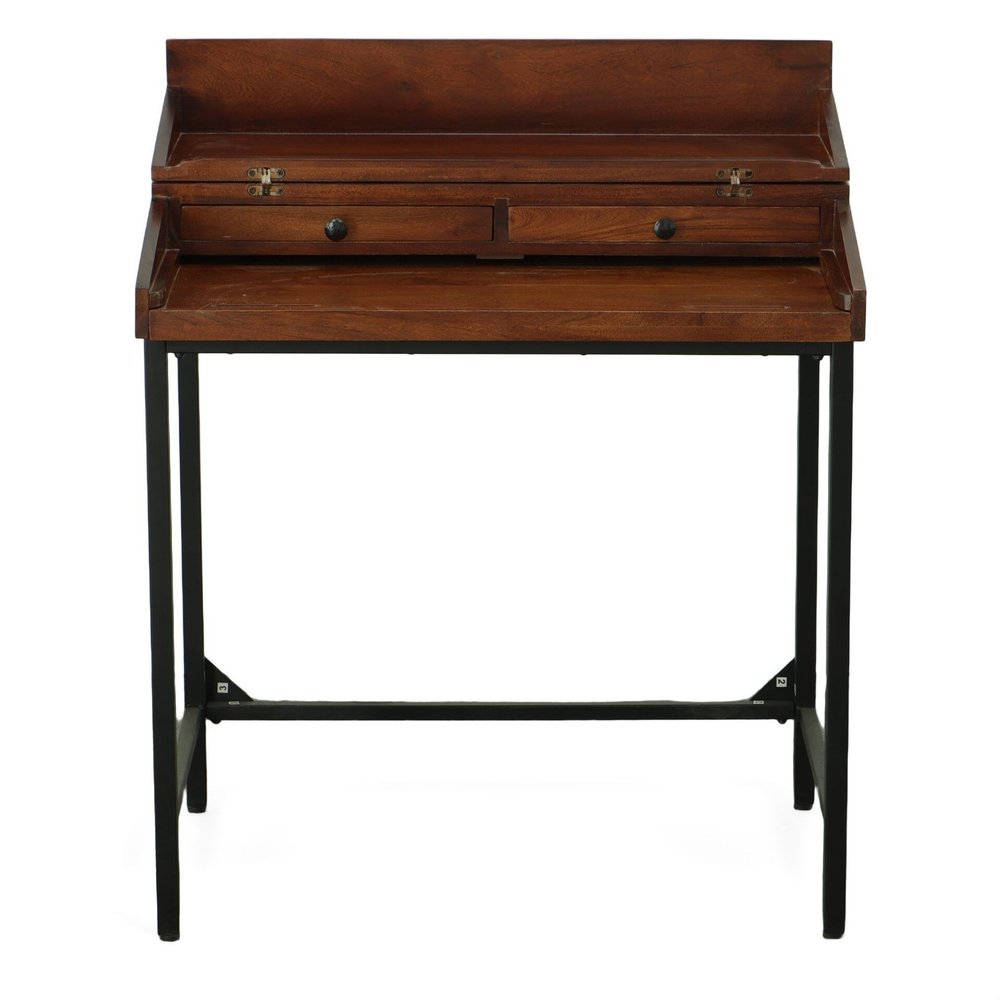 31" Chestnut and Black Solid Wood and Iron Writing Desk With Two Drawers