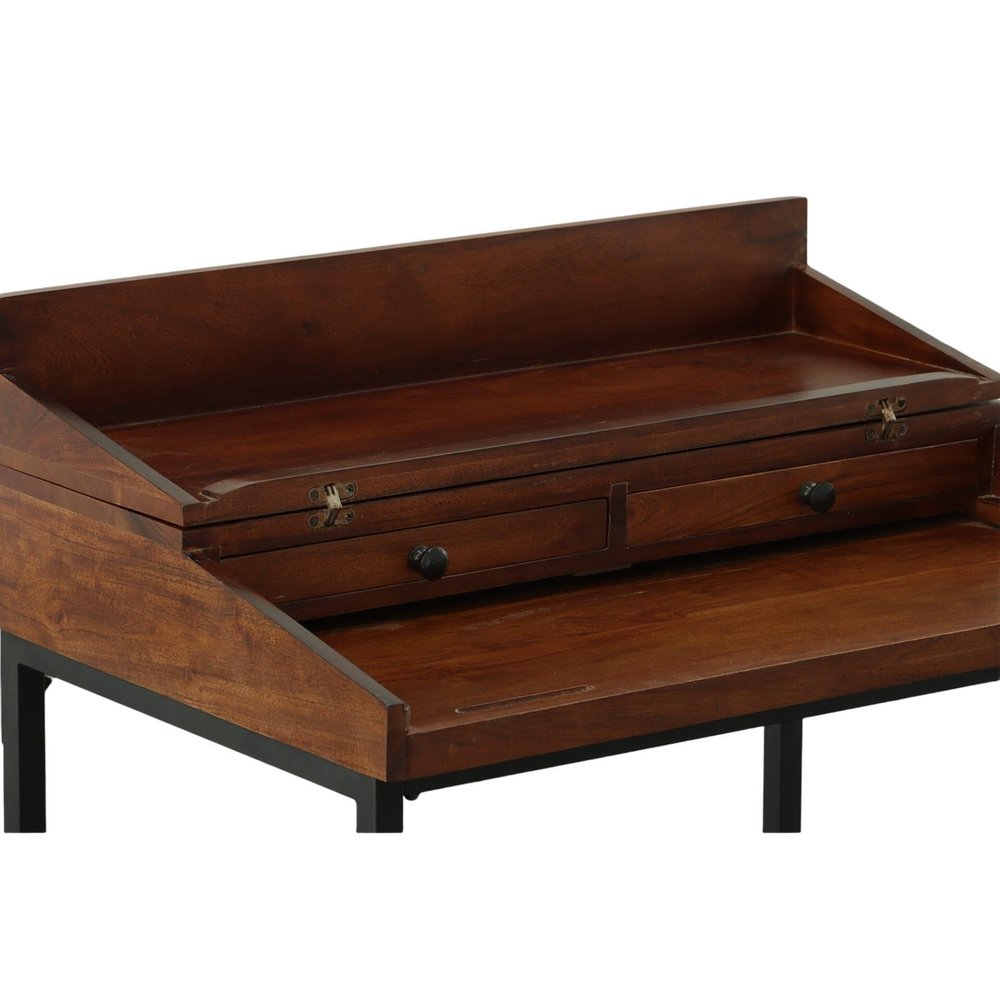 31" Chestnut and Black Solid Wood and Iron Writing Desk With Two Drawers