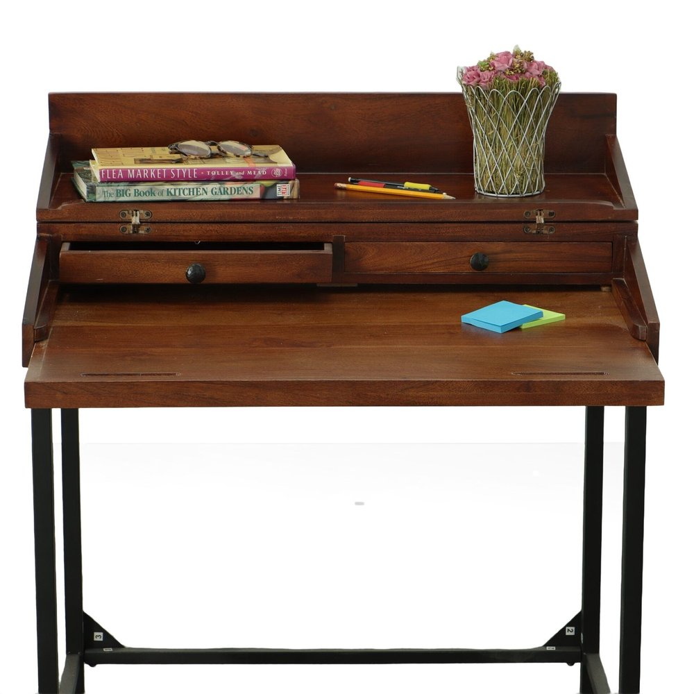 31" Chestnut and Black Solid Wood and Iron Writing Desk With Two Drawers