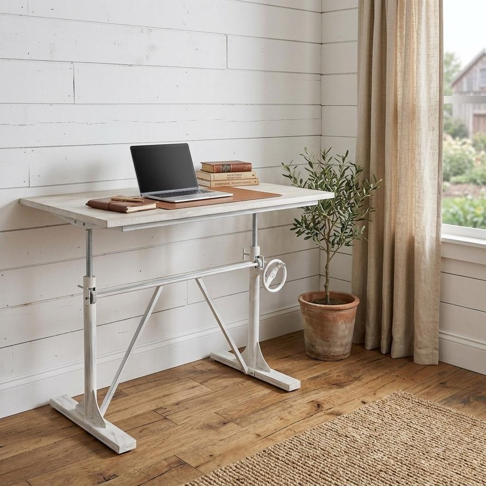 Adjustable Light Gray and Charcoal Solid Wood and Iron Trestle Standing Desk