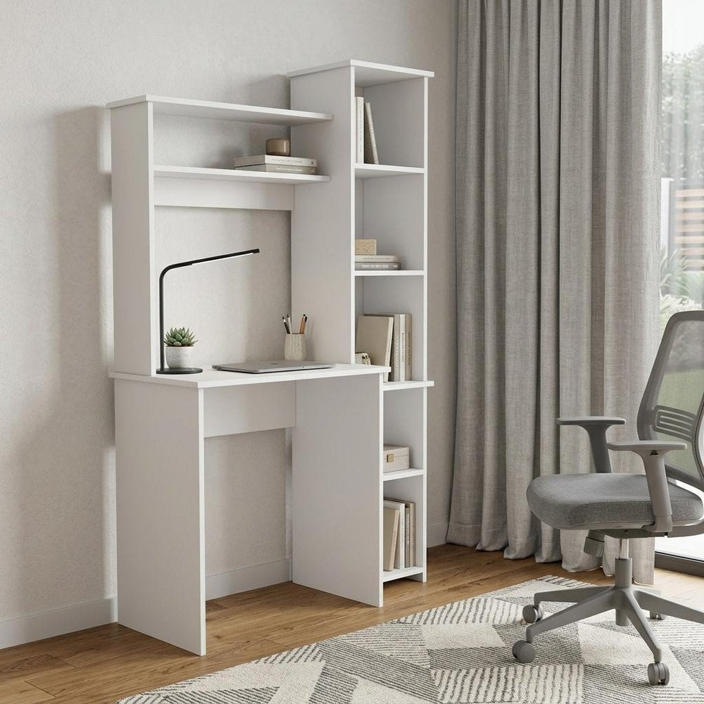 39" White Wood Pedestal Computer Desk With Hutch
