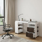 54" White And Walnut Wood Rolling Pedestal Computer Desk With And Two Drawers