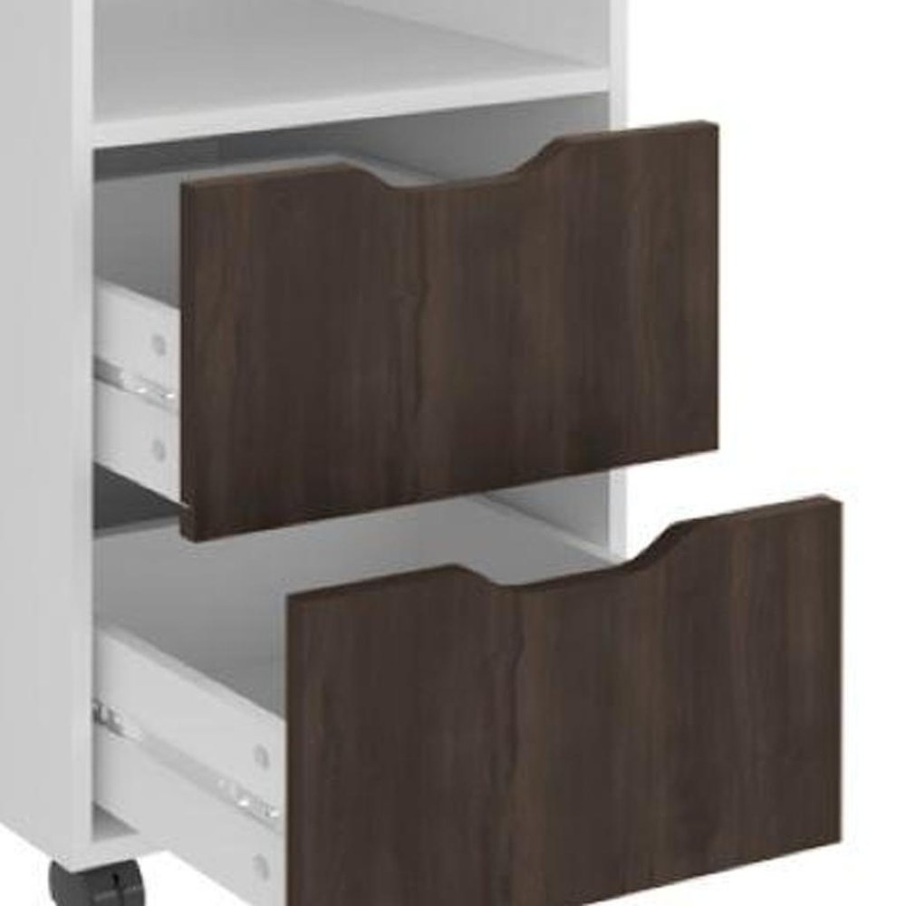 54" White And Walnut Wood Rolling Pedestal Computer Desk With And Two Drawers