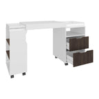 54" White And Walnut Wood Rolling Pedestal Computer Desk With And Two Drawers