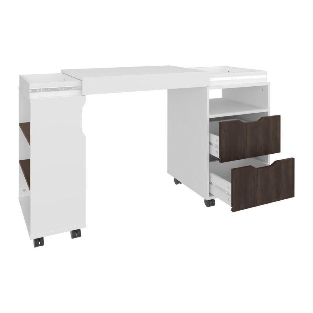 54" White And Walnut Wood Rolling Pedestal Computer Desk With And Two Drawers