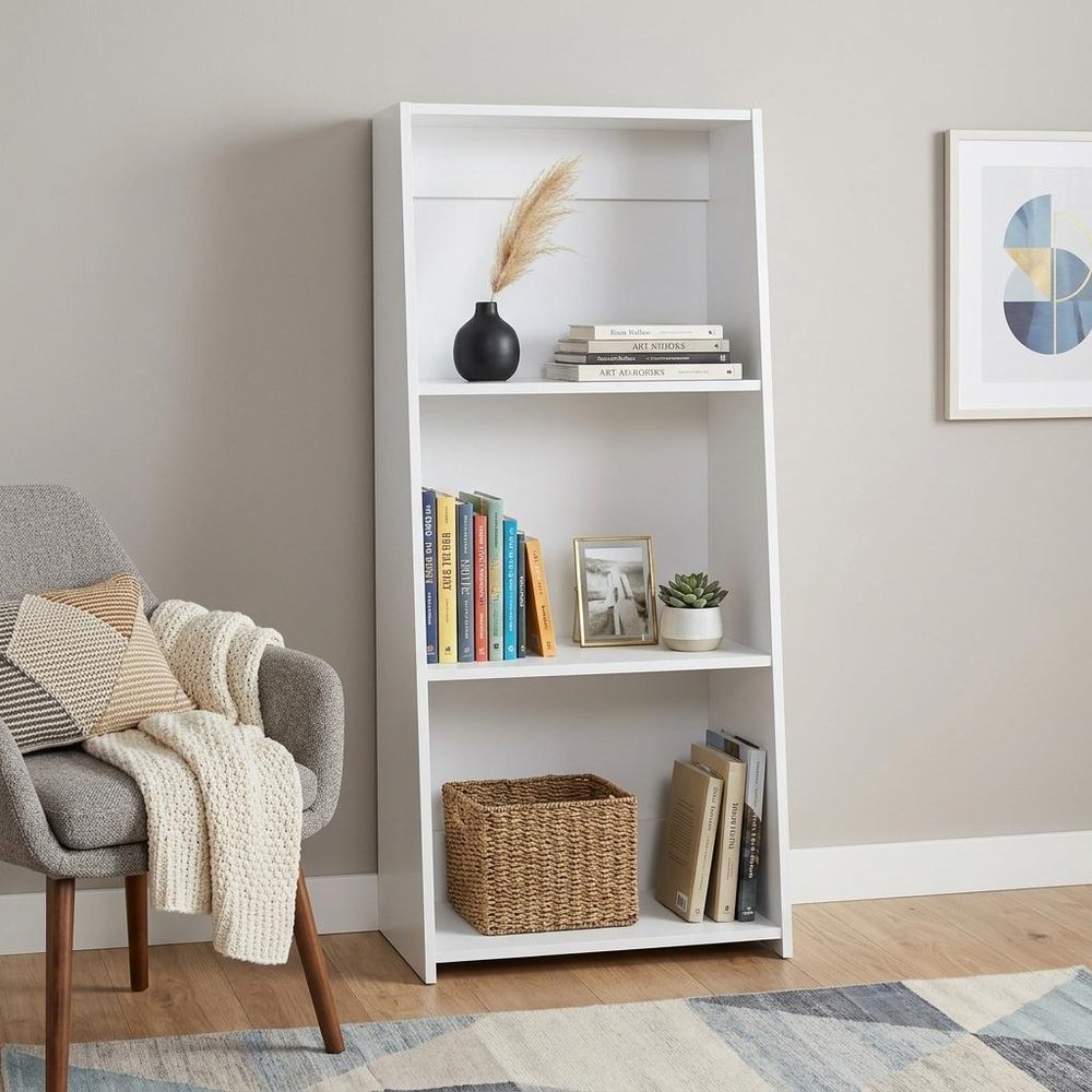 47" White Wood Three Tier Bookcase