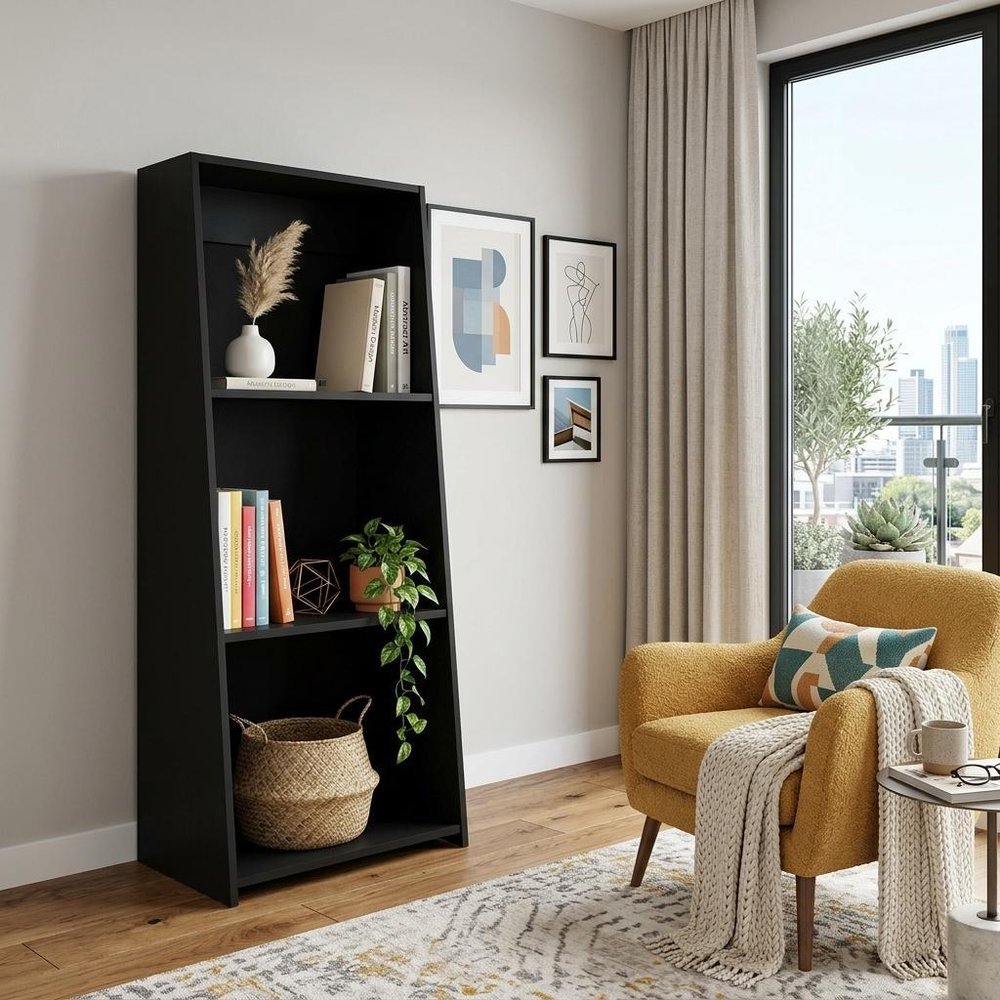 47" Black Wood Three Tier Bookcase