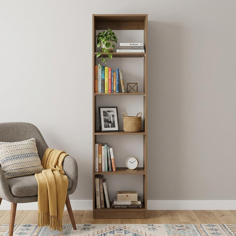 71" Beige Wood Five Tier Bookcase