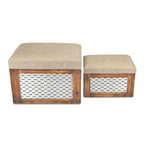 Set of Two 21" Beige and Brown Linen and Solid Wood Upholstered Distressed Storage Bench With Flip Top