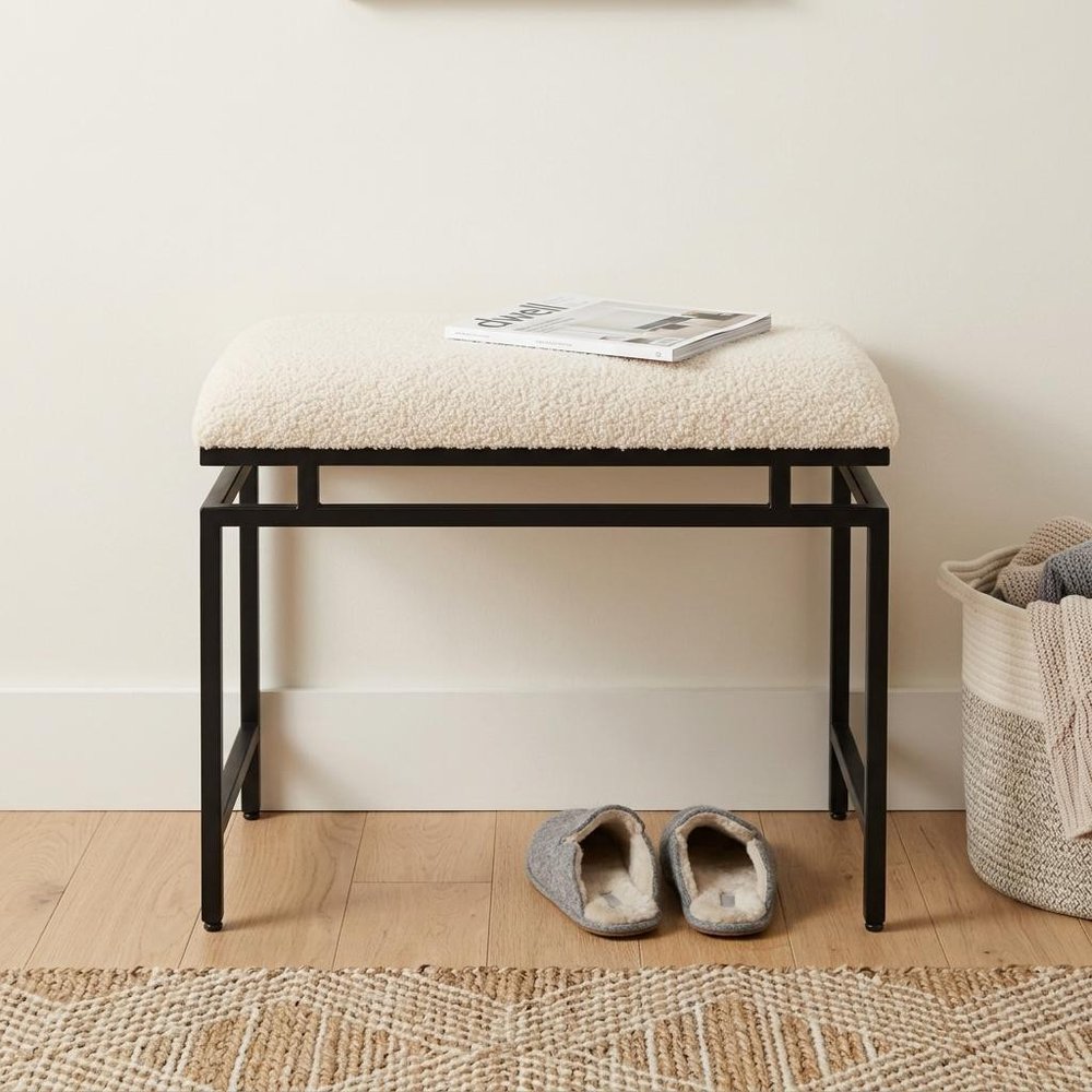20" Cream and Black Boucle and Metal Upholstered Bench