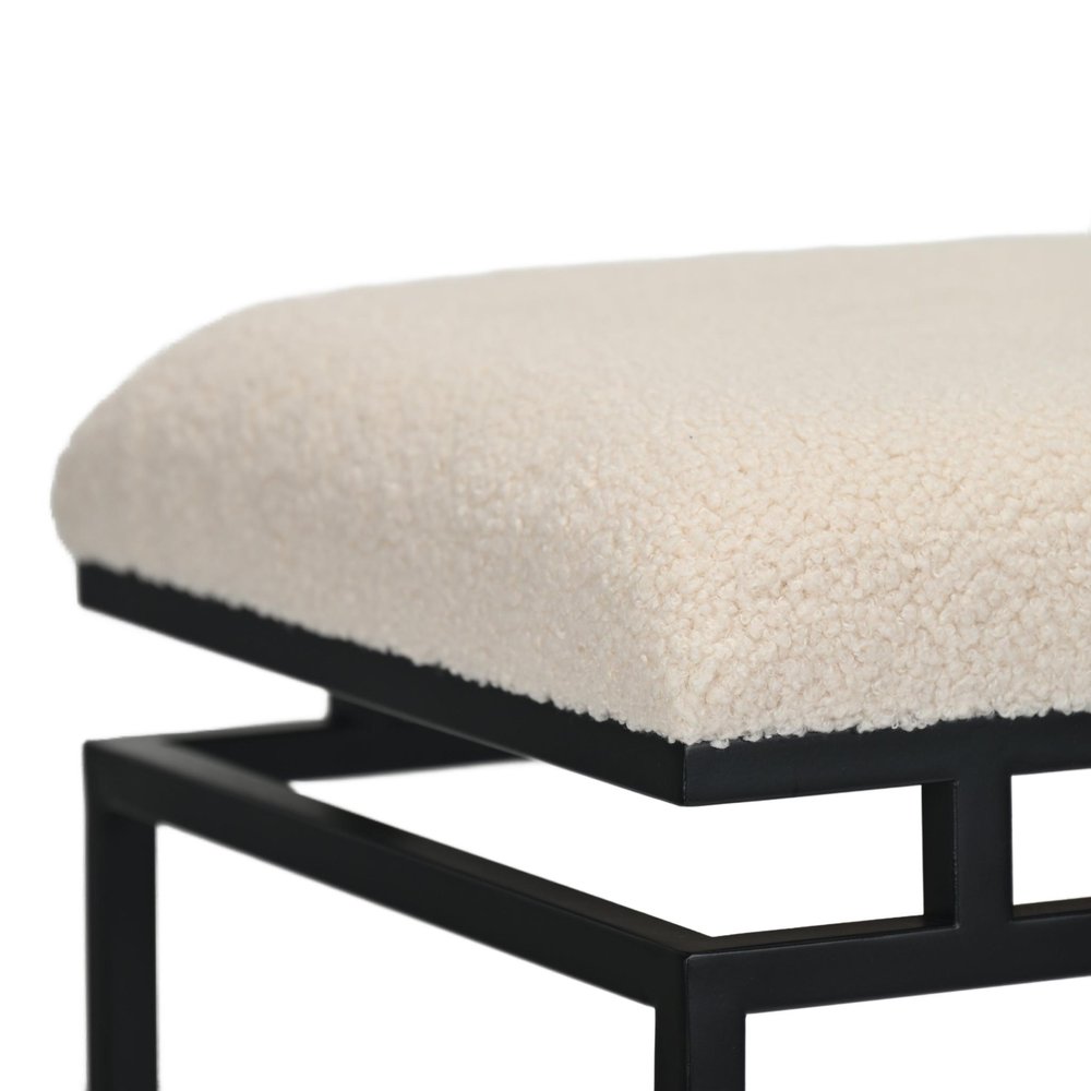 20" Cream and Black Boucle and Metal Upholstered Bench