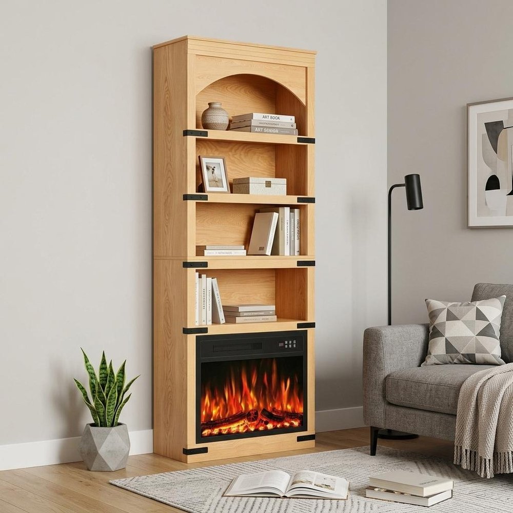 70" Natural Wood Four Tier USB Bookcase