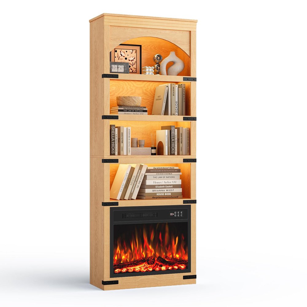 70" Natural Wood Four Tier USB Bookcase