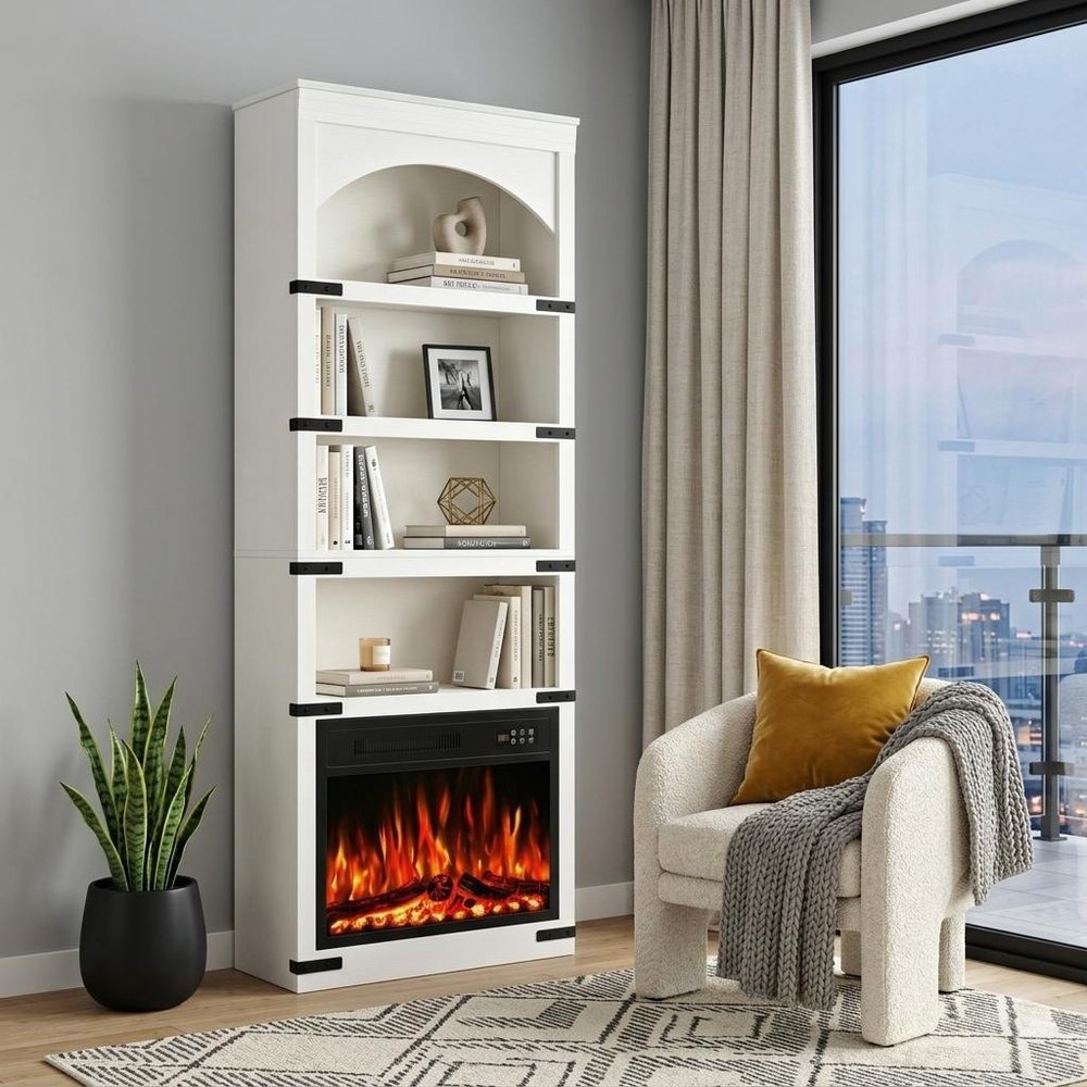 70" White Wood Four Tier USB Bookcase