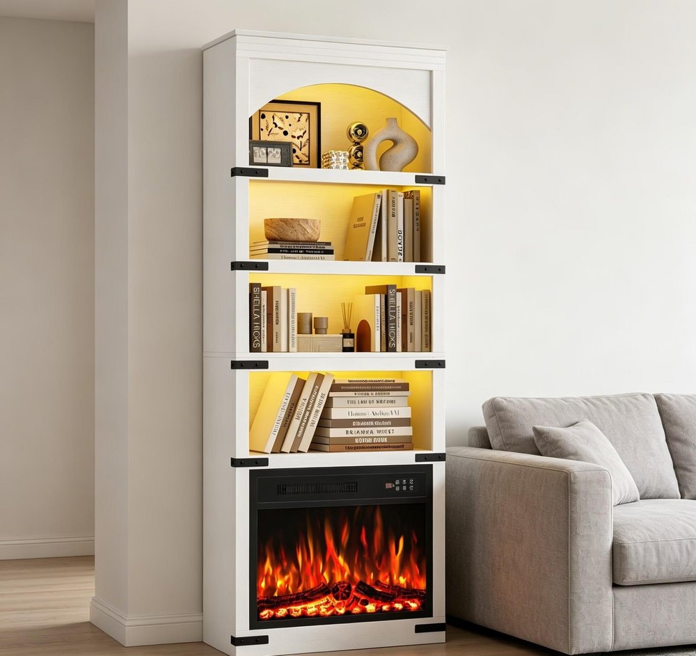 70" White Wood Four Tier USB Bookcase