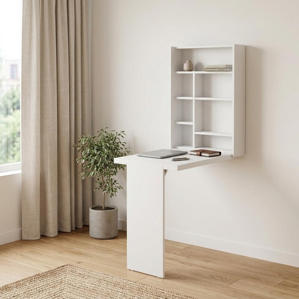 36" White Wood Folding Wall Mounted Pedestal Computer Desk