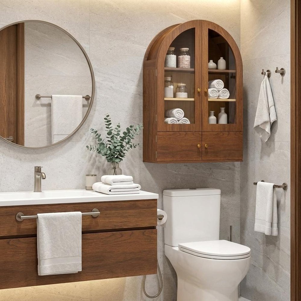 34" Brown Wood Wall Mounted Glass Panel Inlay Four Door Bathroom Cabinet