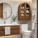 34" Brown Wood Wall Mounted Glass Panel Inlay Four Door Bathroom Cabinet