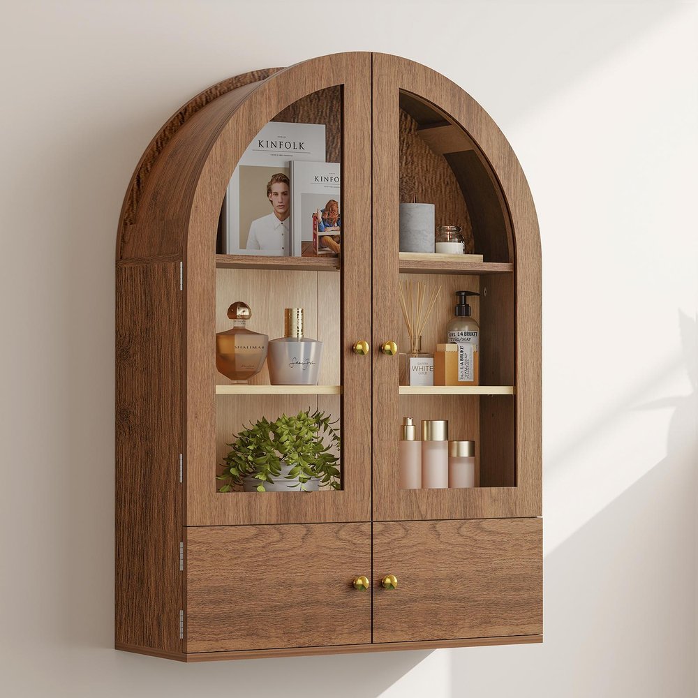 34" Brown Wood Wall Mounted Glass Panel Inlay Four Door Bathroom Cabinet
