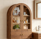 34" Brown Wood Wall Mounted Glass Panel Inlay Four Door Bathroom Cabinet