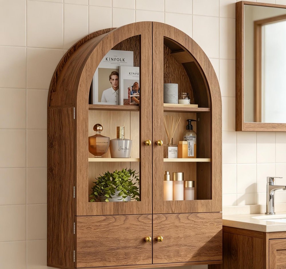 34" Brown Wood Wall Mounted Glass Panel Inlay Four Door Bathroom Cabinet