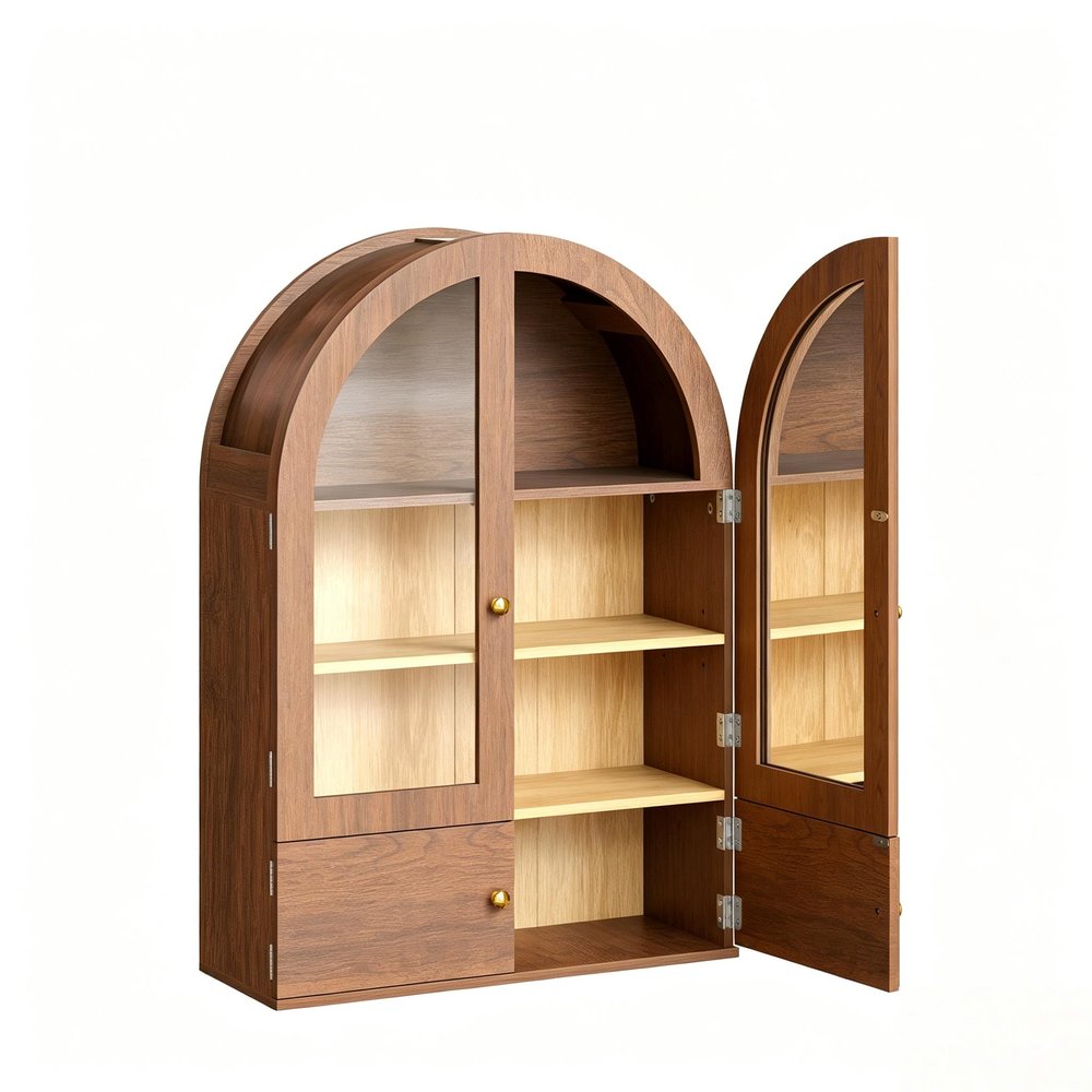 34" Brown Wood Wall Mounted Glass Panel Inlay Four Door Bathroom Cabinet