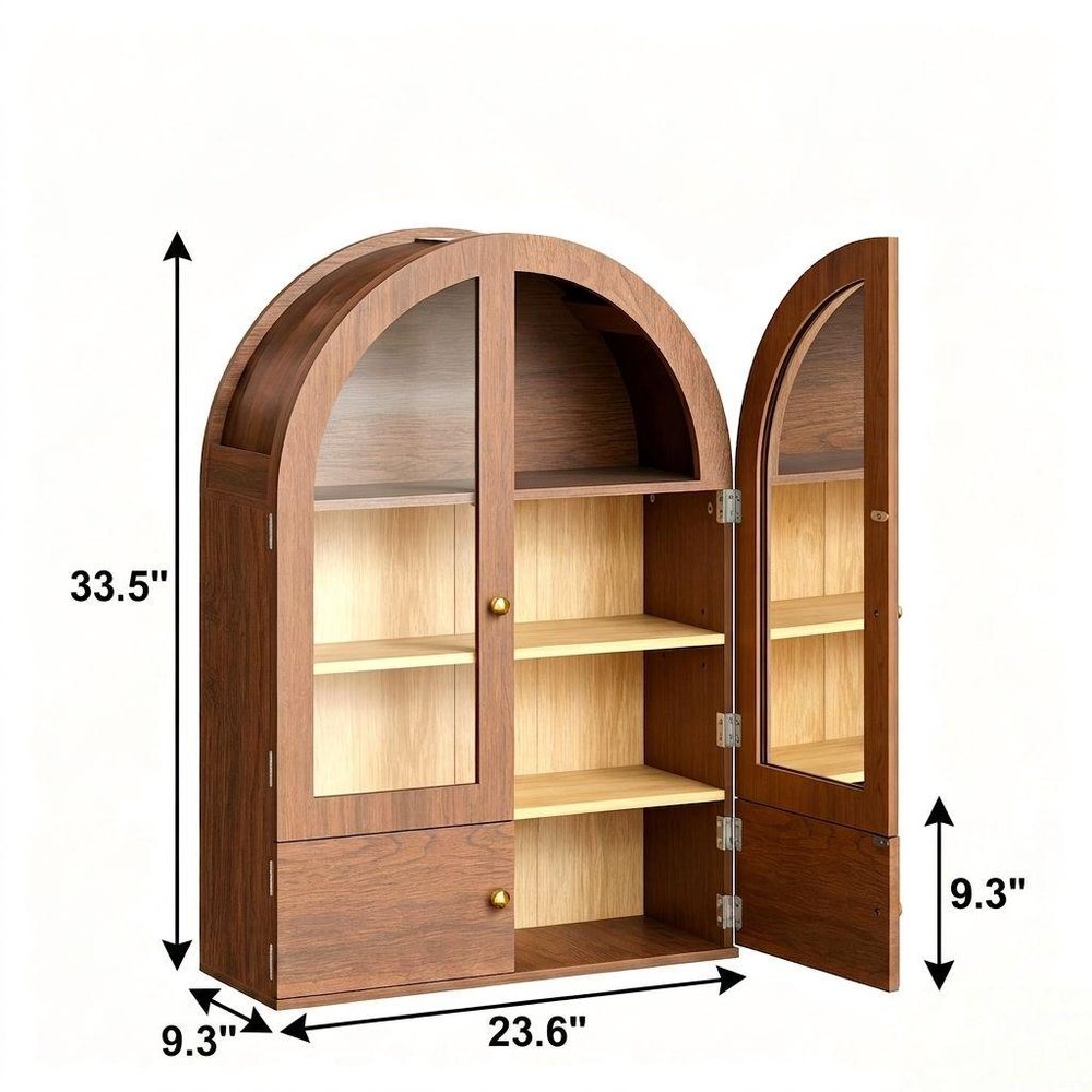 34" Brown Wood Wall Mounted Glass Panel Inlay Four Door Bathroom Cabinet