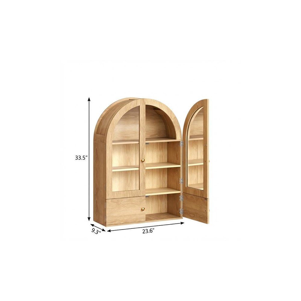 34" Brown Wood Wall Mounted Glass Panel Inlay Four Door Bathroom Cabinet