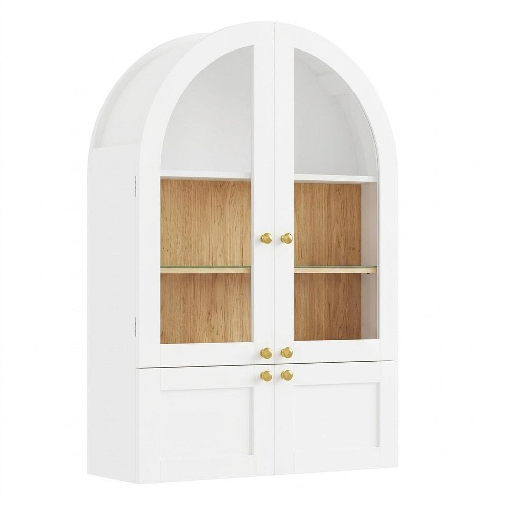34" Brown Wood Wall Mounted Glass Panel Inlay Four Door Bathroom Cabinet