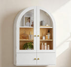 34" Brown Wood Wall Mounted Glass Panel Inlay Four Door Bathroom Cabinet