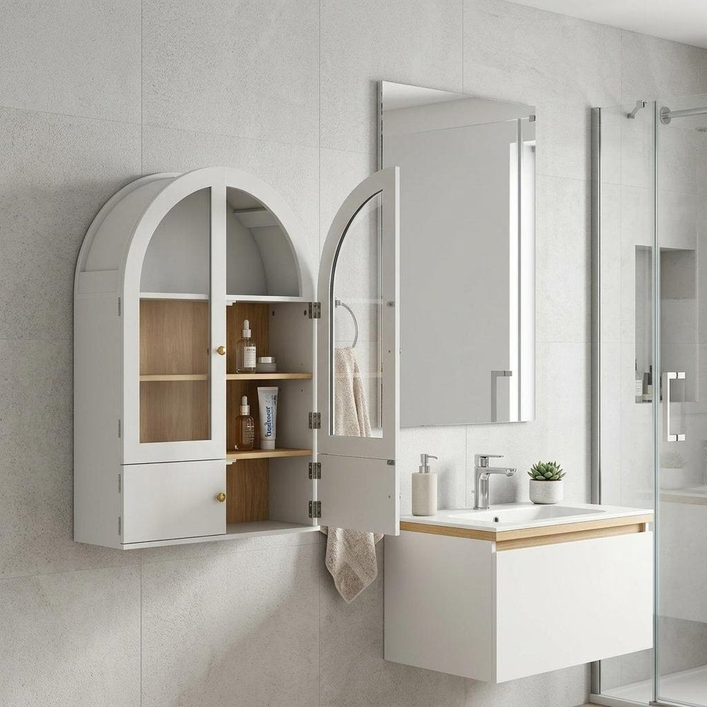 34" Brown Wood Wall Mounted Glass Panel Inlay Four Door Bathroom Cabinet