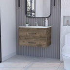 32" Dark Brown Wood Floating Bathroom Vanity With White Sink And Two Drawers
